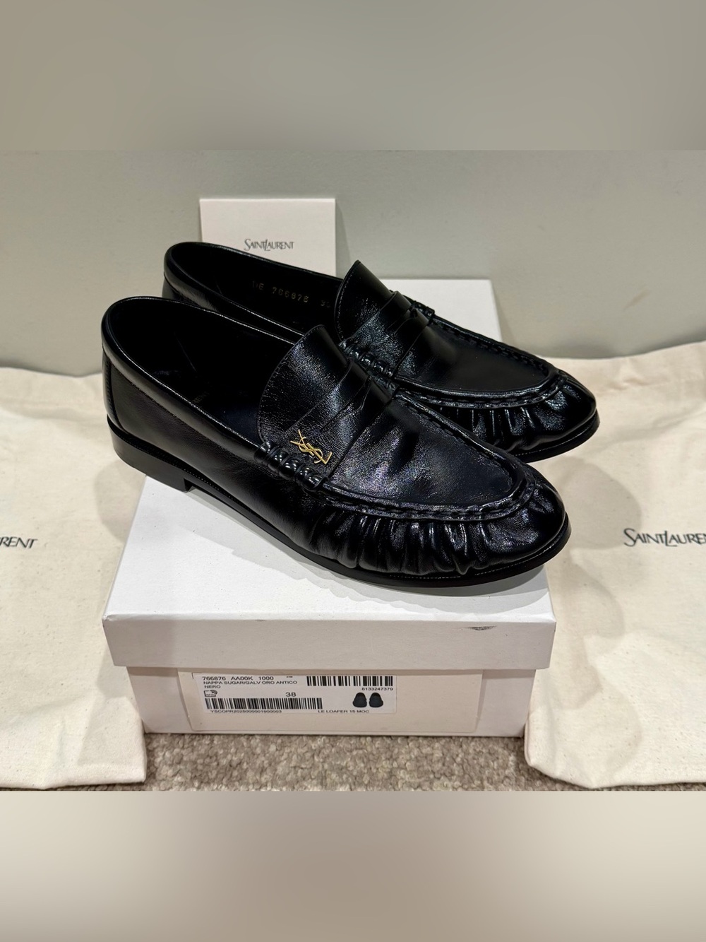 Authentic YSL Saint Laurent Black Leather Le Loafers Size 38